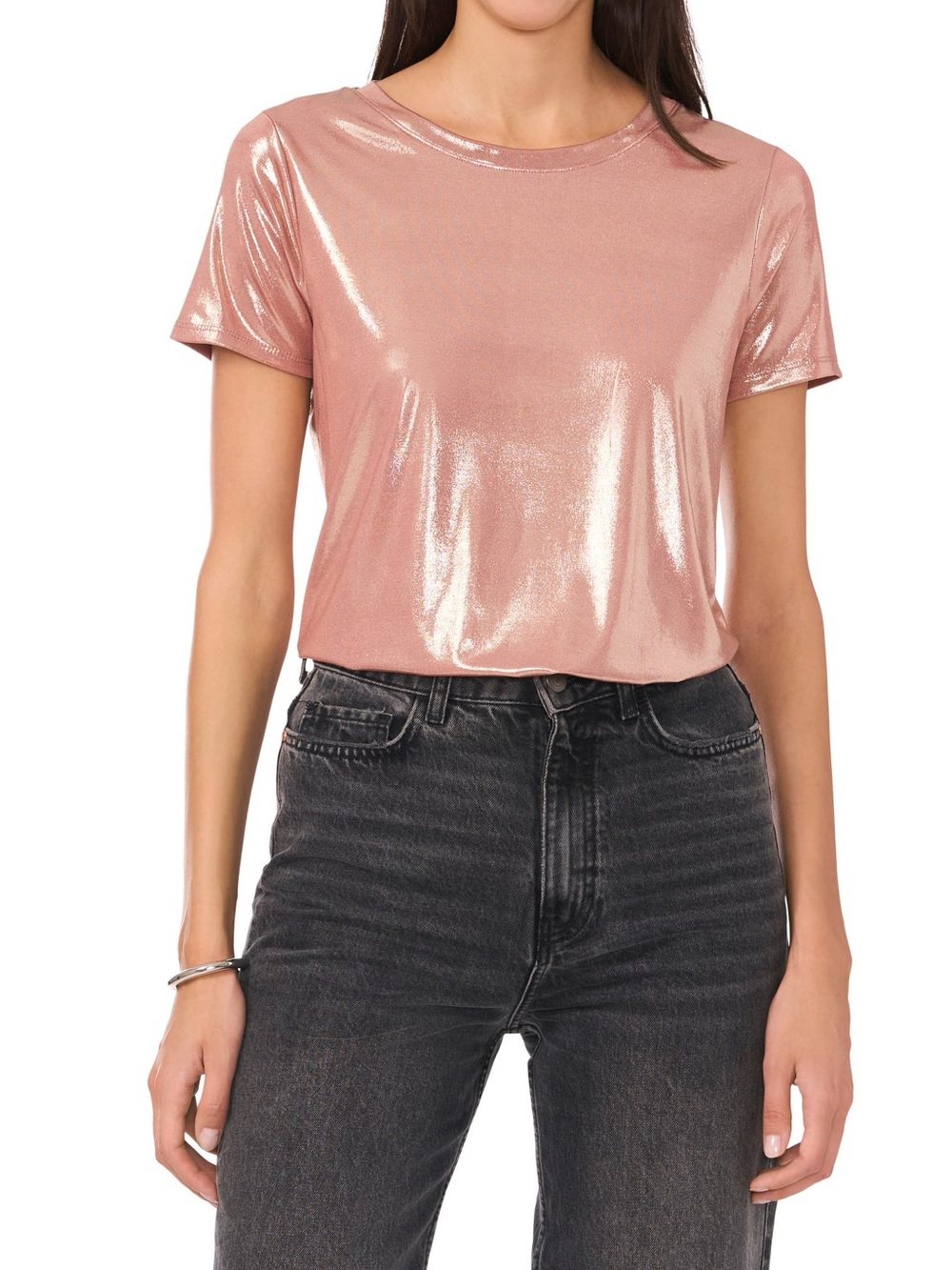 Metallic Rose Short-Sleeve Crewneck Top